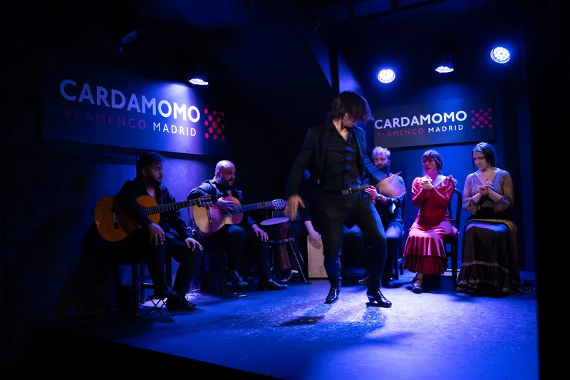 Flamenco dancer mid-performance at Cardamomo tablao, Madrid